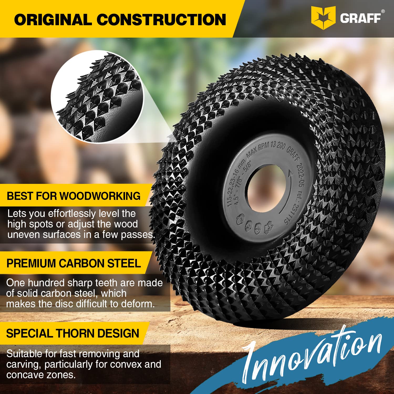 GRAFF Premium Wood Carving Disc 4 1/2 Inch for Angle Grinder – Shaping and Grinding Wheel for Wood, Softwood, Hardwood – Woodworking Angle Grinder Attachment with 7/8" – 5/8" Arbor - Image 4