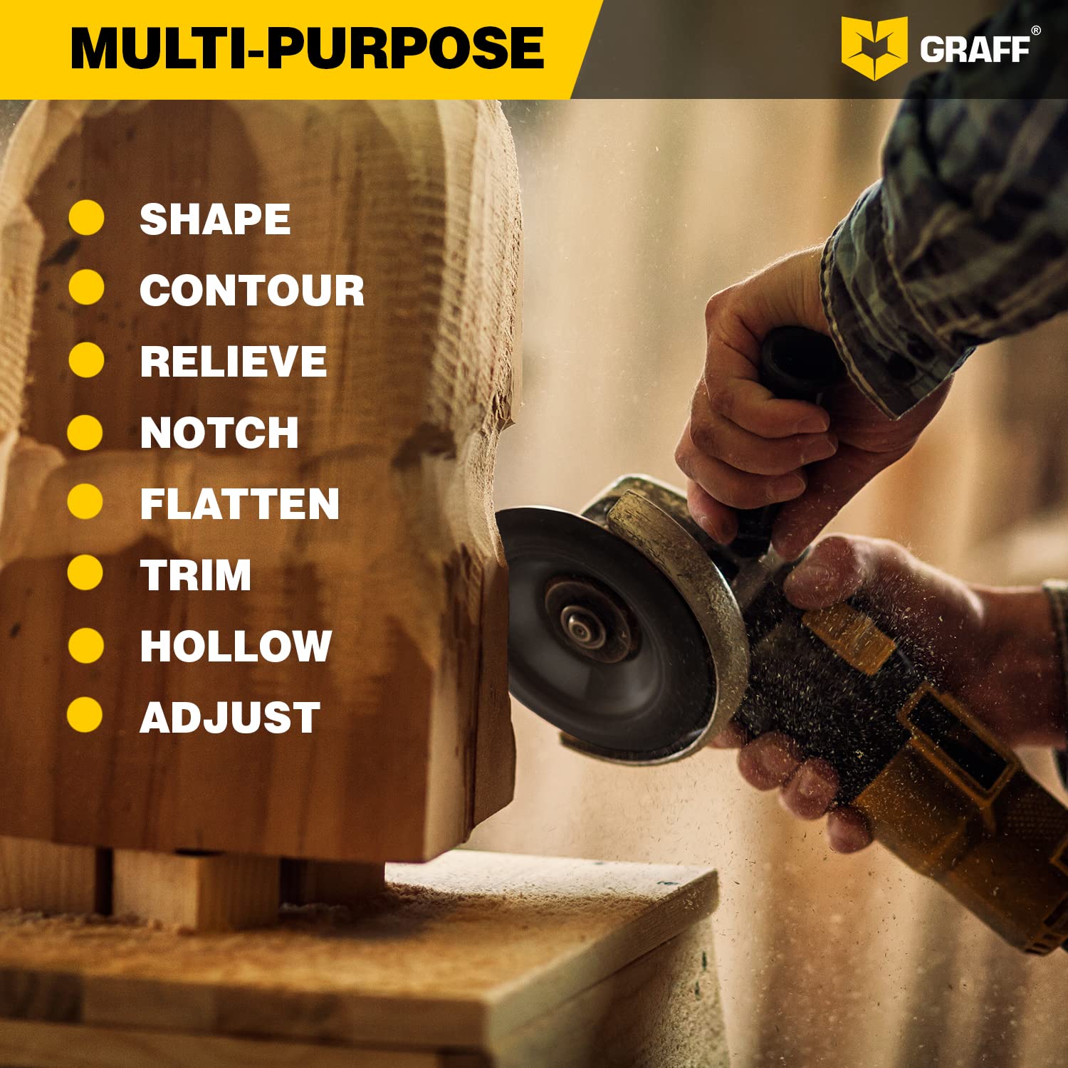 GRAFF Premium Wood Carving Disc 4 1/2 Inch for Angle Grinder – Shaping and Grinding Wheel for Wood, Softwood, Hardwood – Woodworking Angle Grinder Attachment with 7/8" – 5/8" Arbor - Image 8